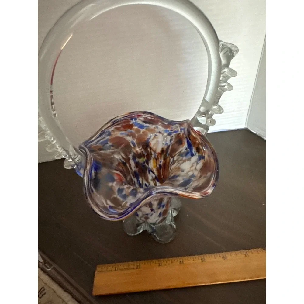 Vintage Hand Blown Art Glass Basket Confetti Blue Orange Splatter Thorn Handle